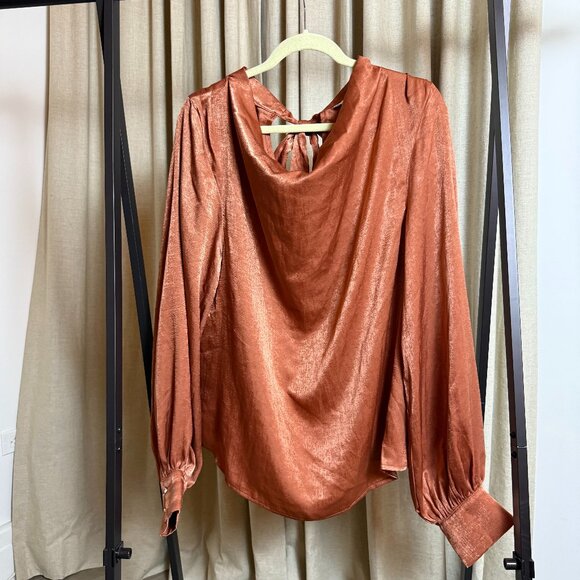 Aura | Size L | Silky Terracotta Cowl Blouse with Bow Neck and Jewel Buttons - Picture 2 of 11